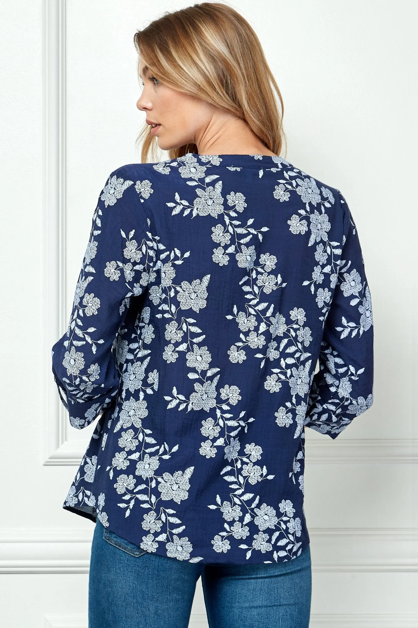 3/4 Button Tab Sleeve Button Front Mandarin Collar Shirt