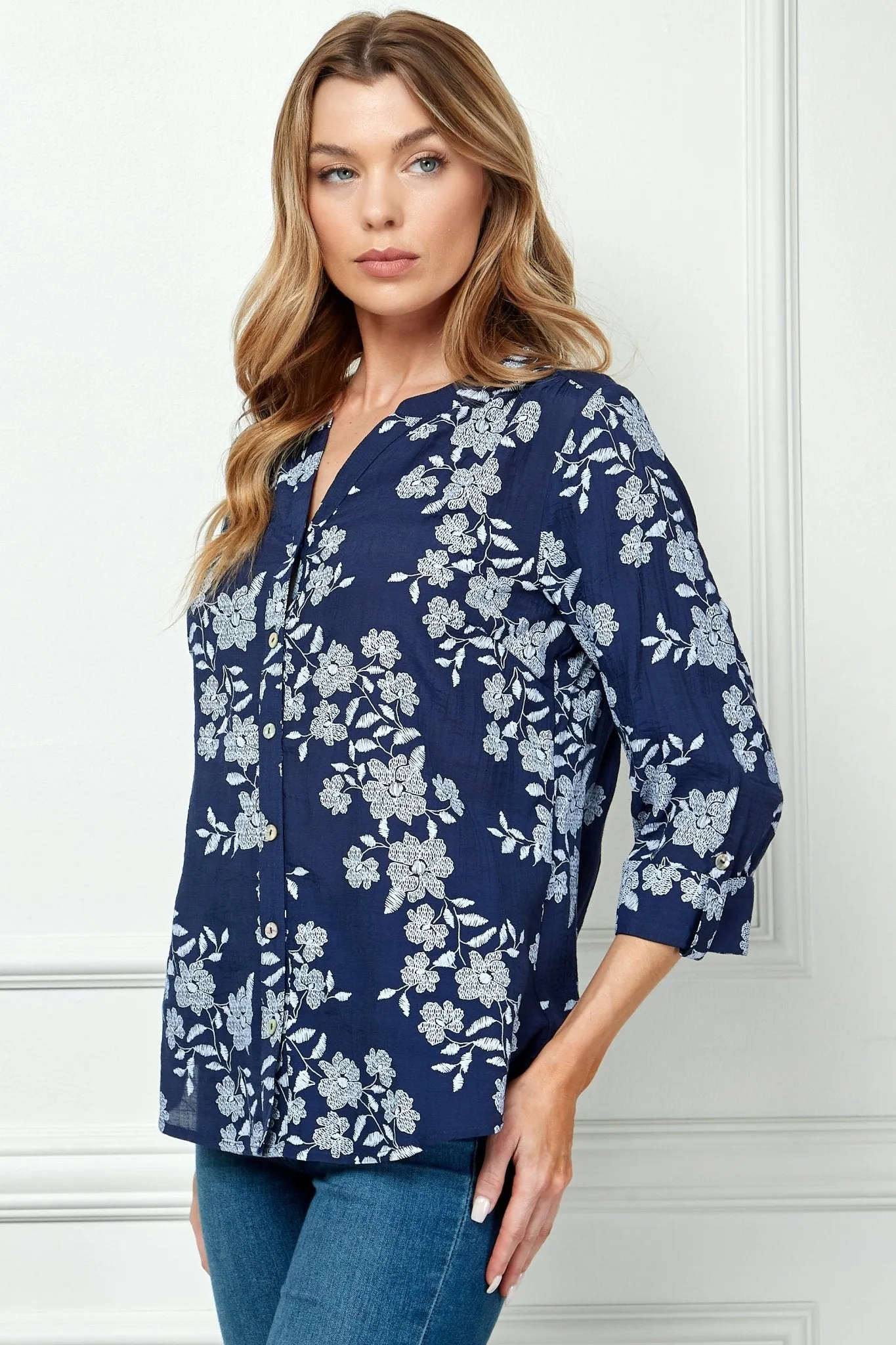 3/4 Button Tab Sleeve Button Front Mandarin Collar Shirt
