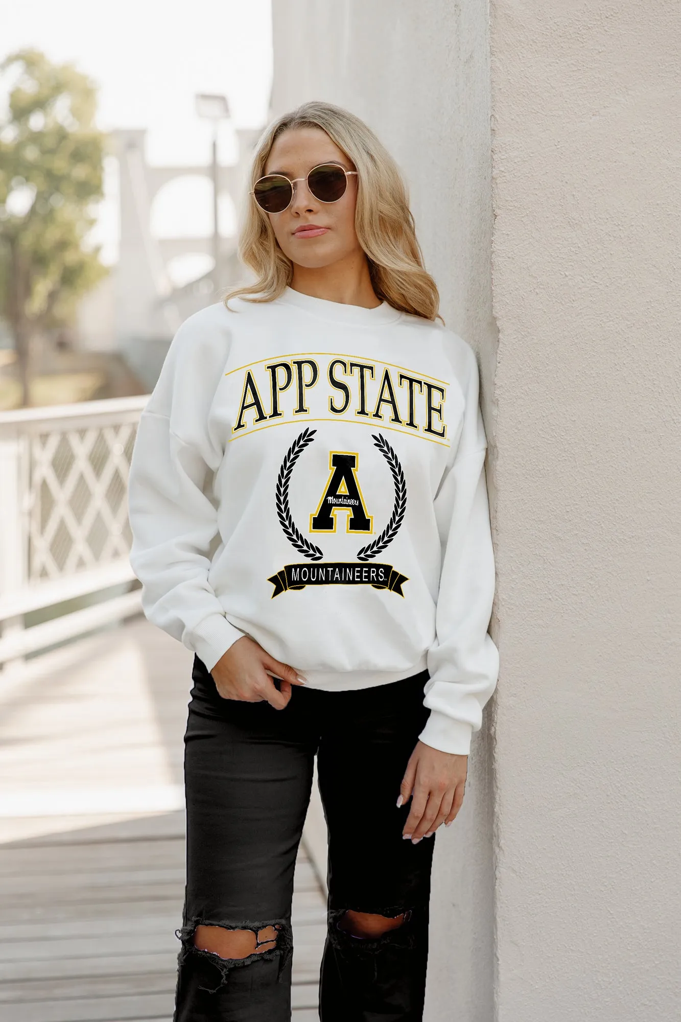 APPALACHIAN STATE MOUNTAINEERS HAVING A BALL PREMIUM FLEECE DROP SHOULDER CREWNECK PULLOVER BY MADI PREWETT TROUTT