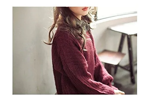 ARJOSA Women's Fashion Oversized Knitted Crewneck Casual Pullovers Sweater (#1 Wine Red)