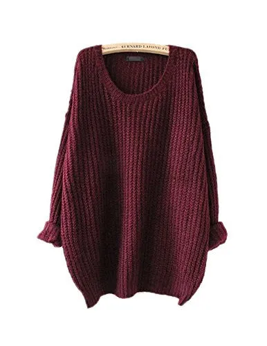 ARJOSA Women's Fashion Oversized Knitted Crewneck Casual Pullovers Sweater (#1 Wine Red)