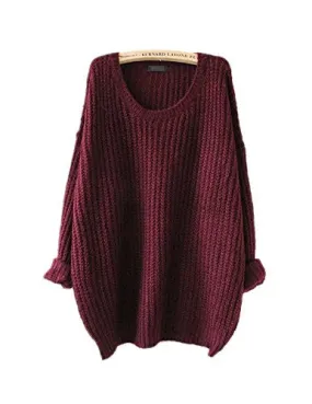 ARJOSA Women's Fashion Oversized Knitted Crewneck Casual Pullovers Sweater (#1 Wine Red)