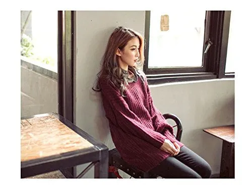 ARJOSA Women's Fashion Oversized Knitted Crewneck Casual Pullovers Sweater (#1 Wine Red)
