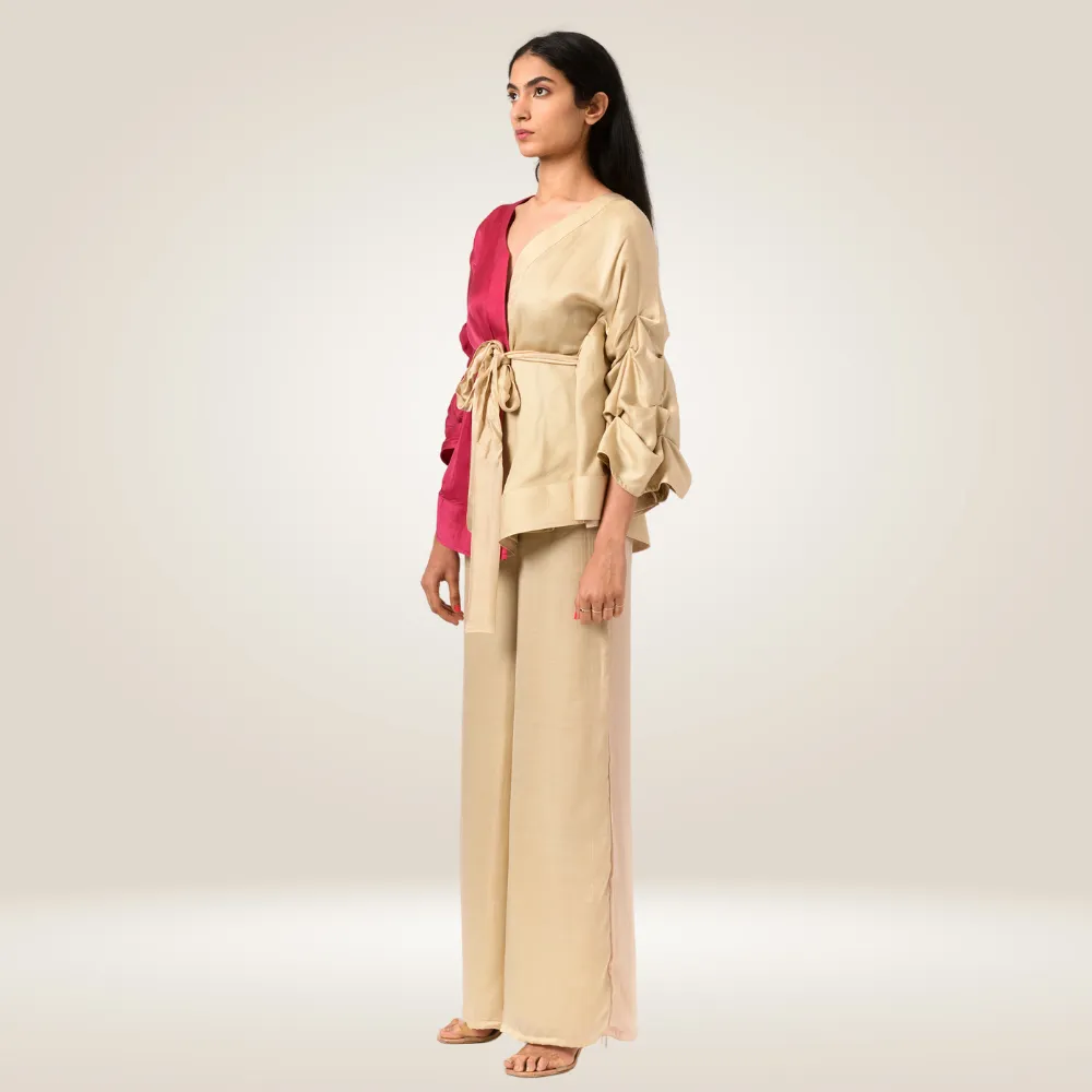 Berry And Ecru Colour Block Cape Co-ord Set | Bemberg Modal Silk