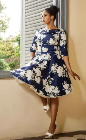 Deborah Flattering Swing Dress Navy with White Flowers