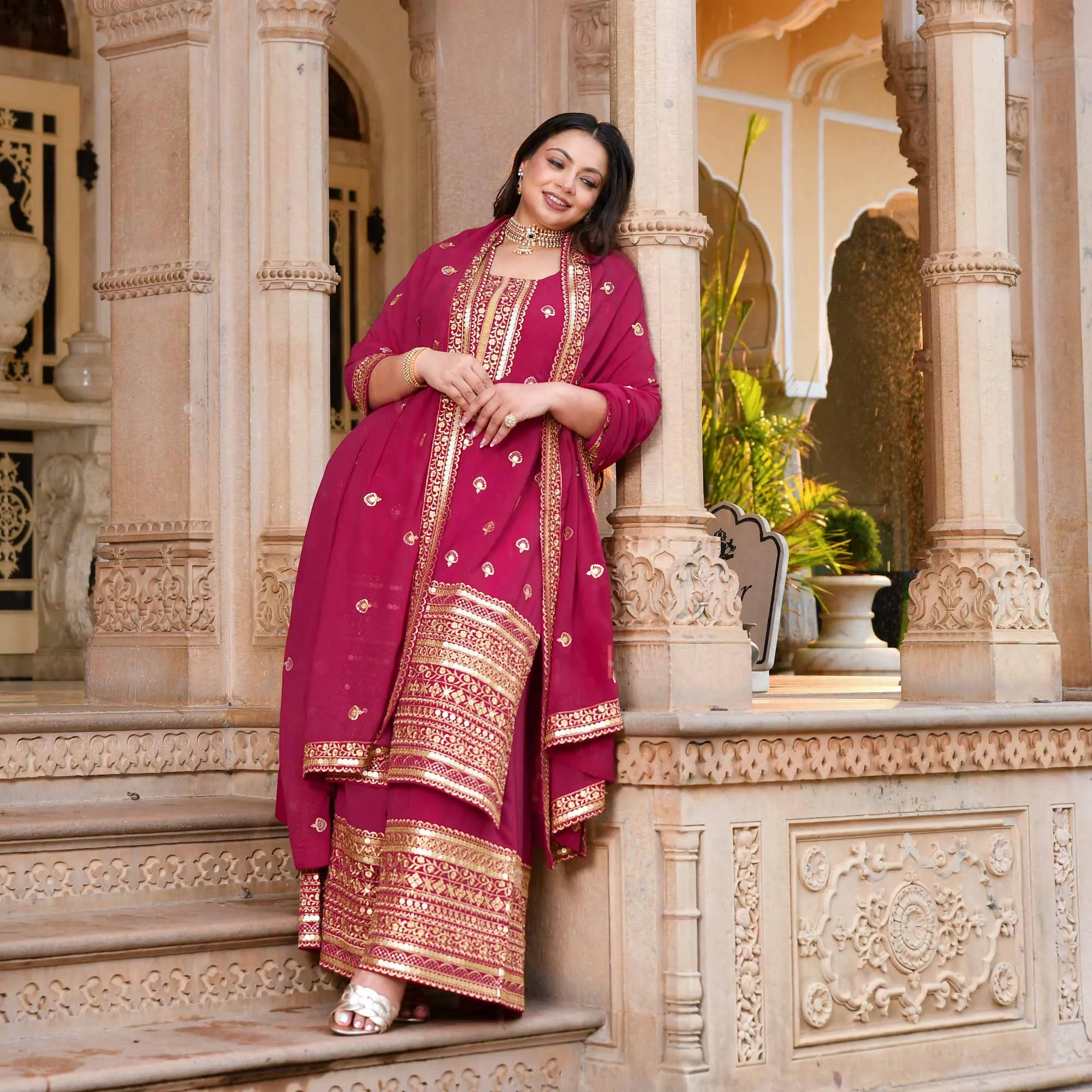 Deep Rose Sparkle Sequin Embroidered Georgette Suit Set