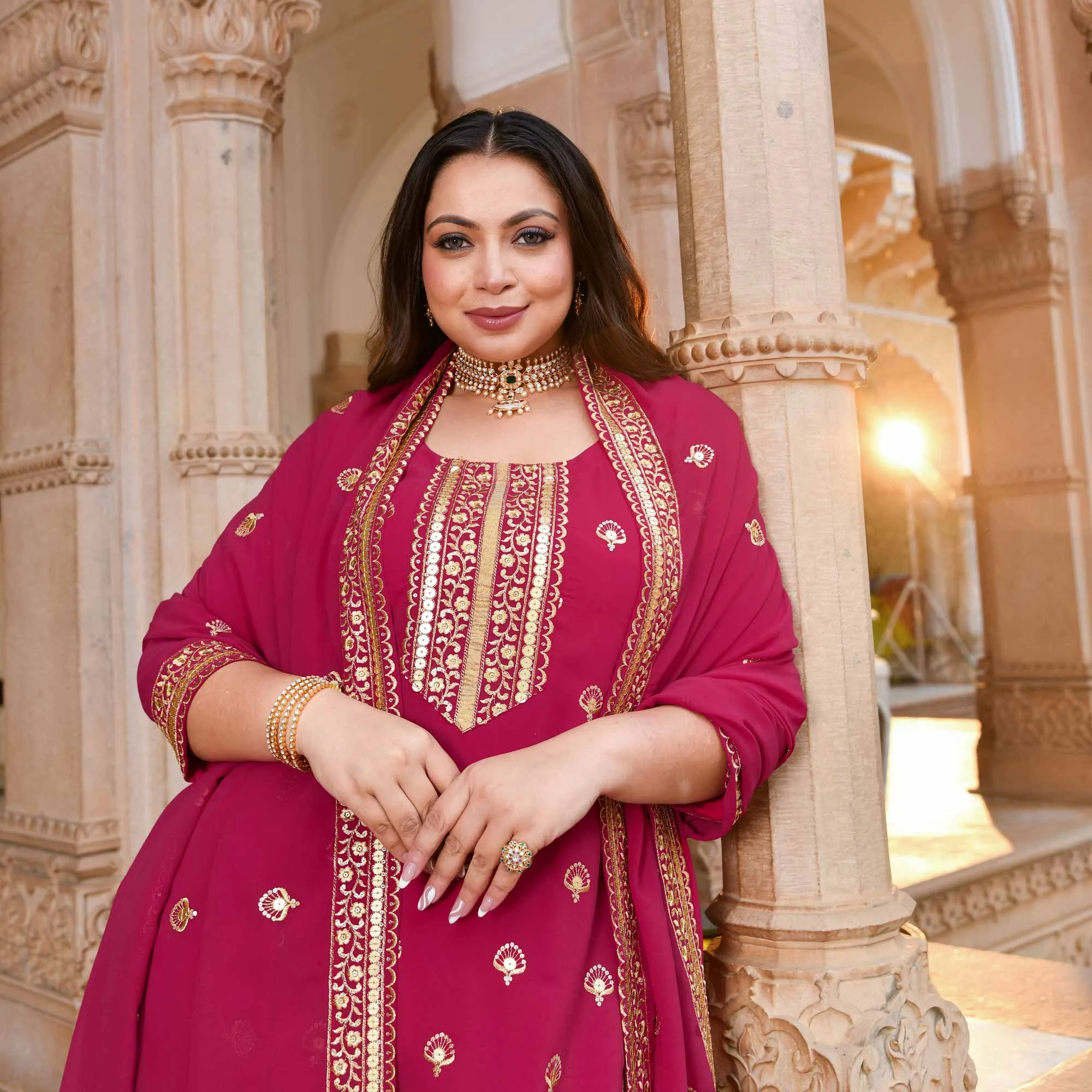 Deep Rose Sparkle Sequin Embroidered Georgette Suit Set