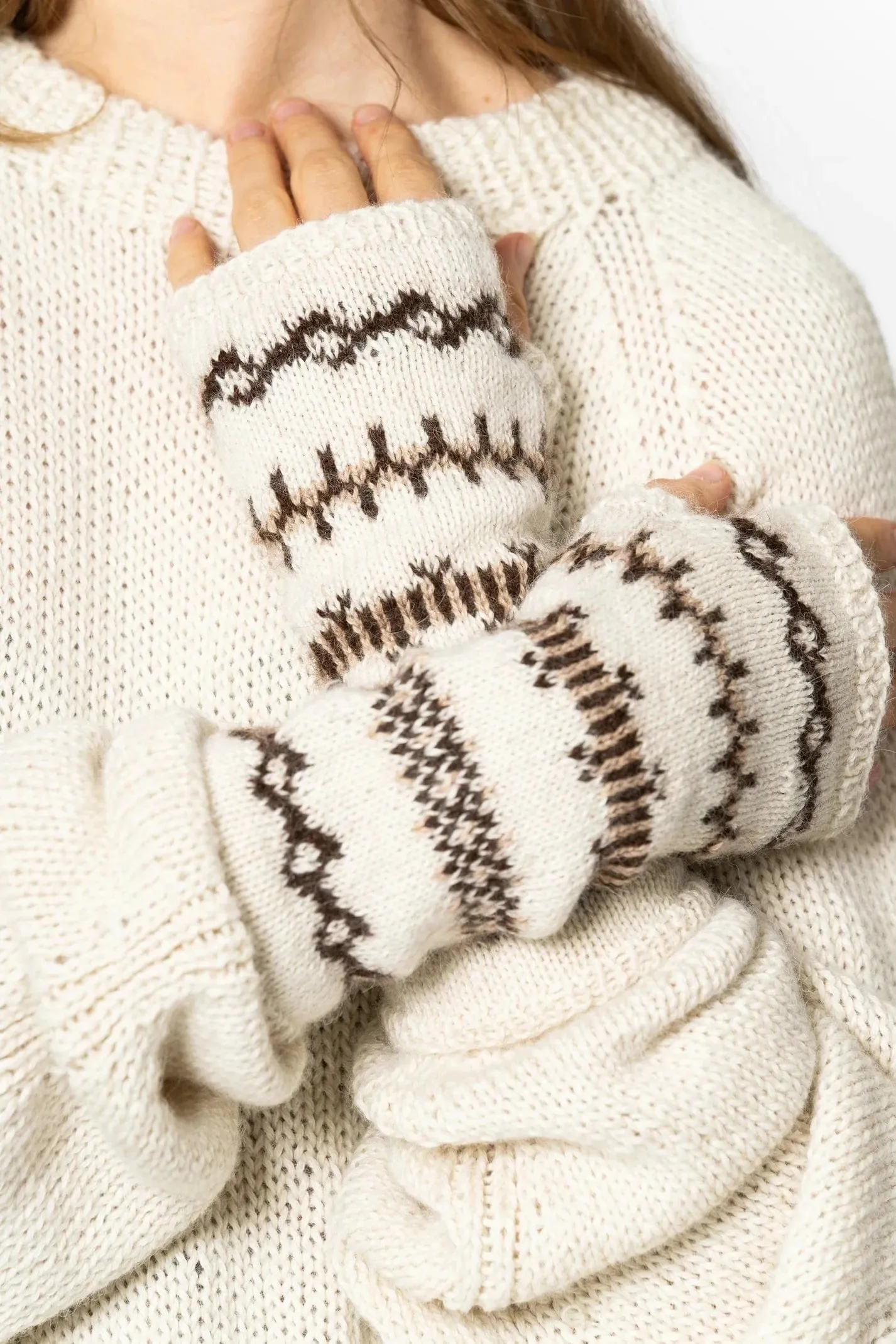 Dinadi Alpaca Handknit Half Mitts - Ivory white
