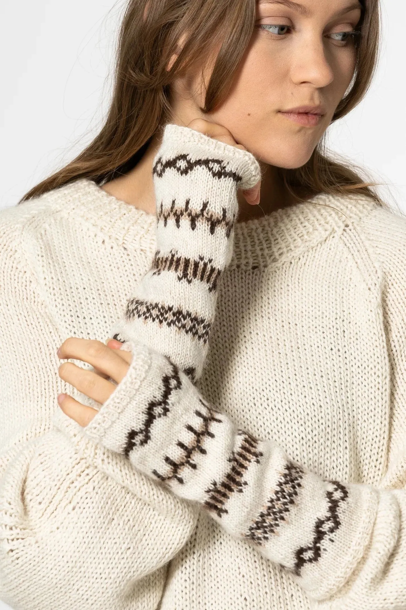 Dinadi Alpaca Handknit Half Mitts - Ivory white