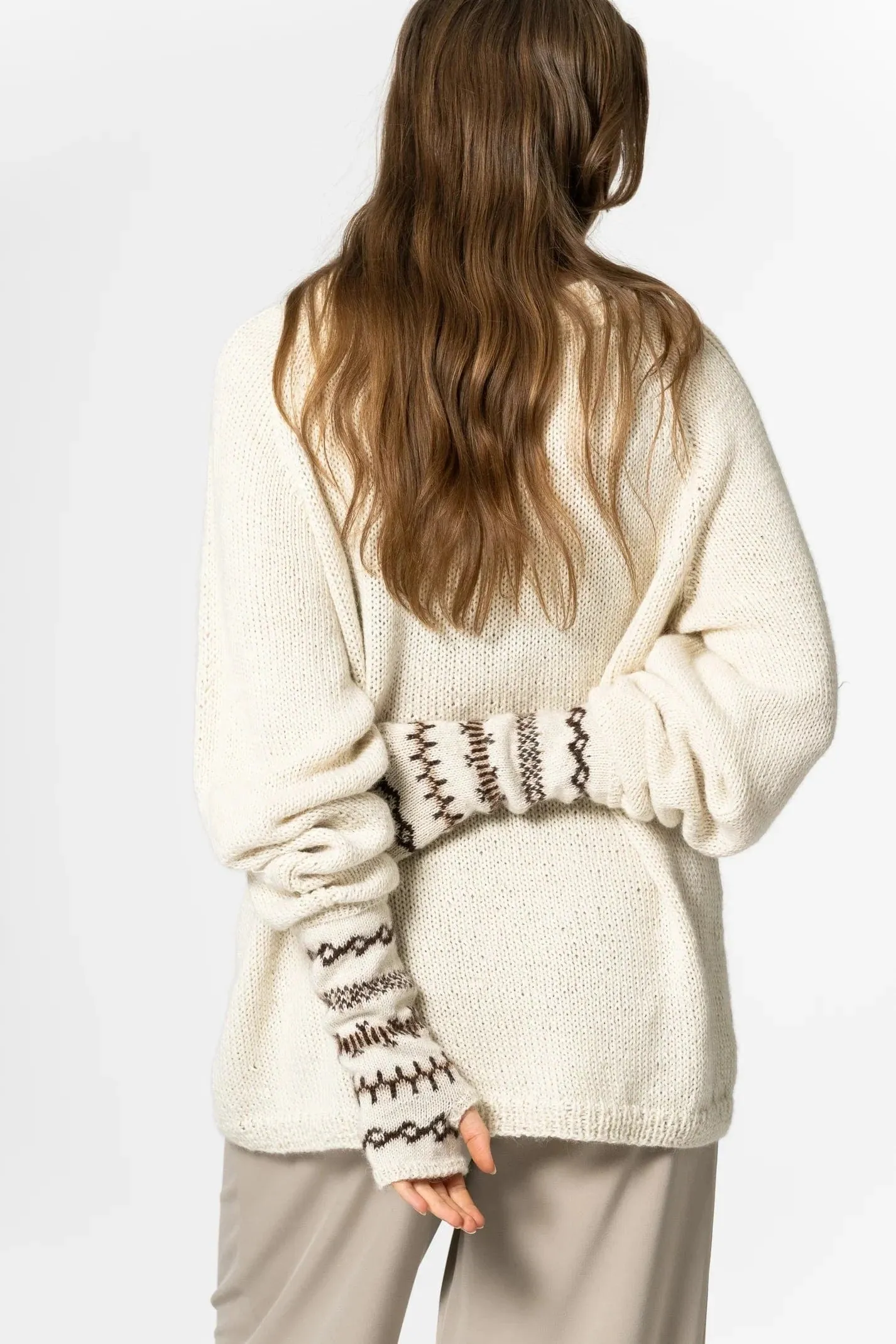 Dinadi Alpaca Handknit Half Mitts - Ivory white