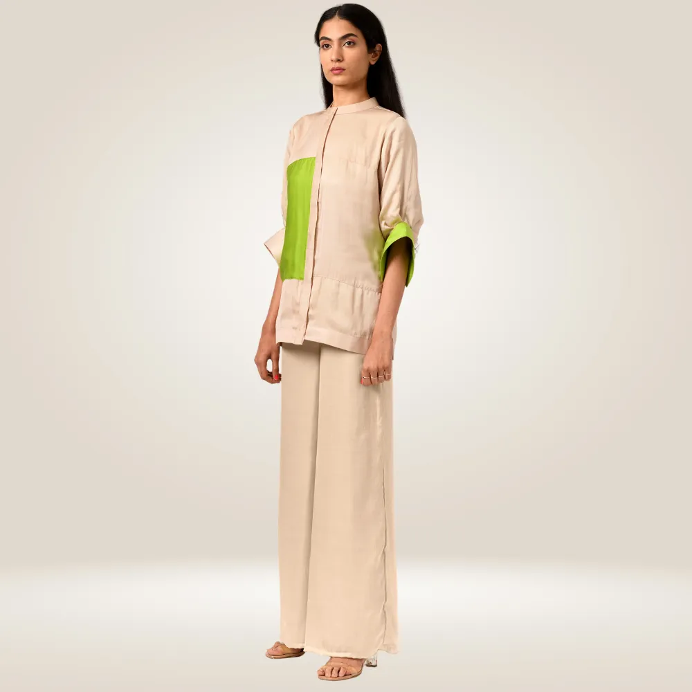 Ecru-Green Blocked Co-ord Set | Bemberg Modal | Minimal Glamour