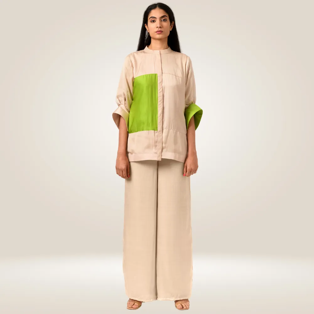 Ecru-Green Blocked Co-ord Set | Bemberg Modal | Minimal Glamour