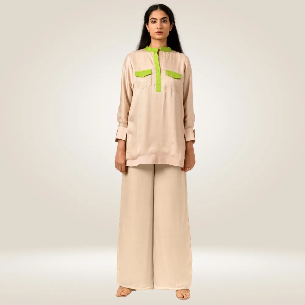 Ecru-Green Full Co-ord Set | Bemberg Modal Silk | Stylish & Suave