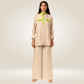 Ecru-Green Full Co-ord Set | Bemberg Modal Silk | Stylish & Suave