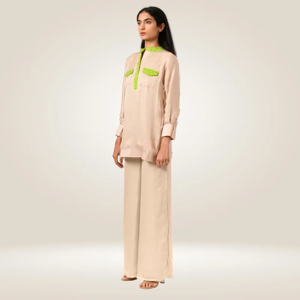 Ecru-Green Full Co-ord Set | Bemberg Modal Silk | Stylish & Suave