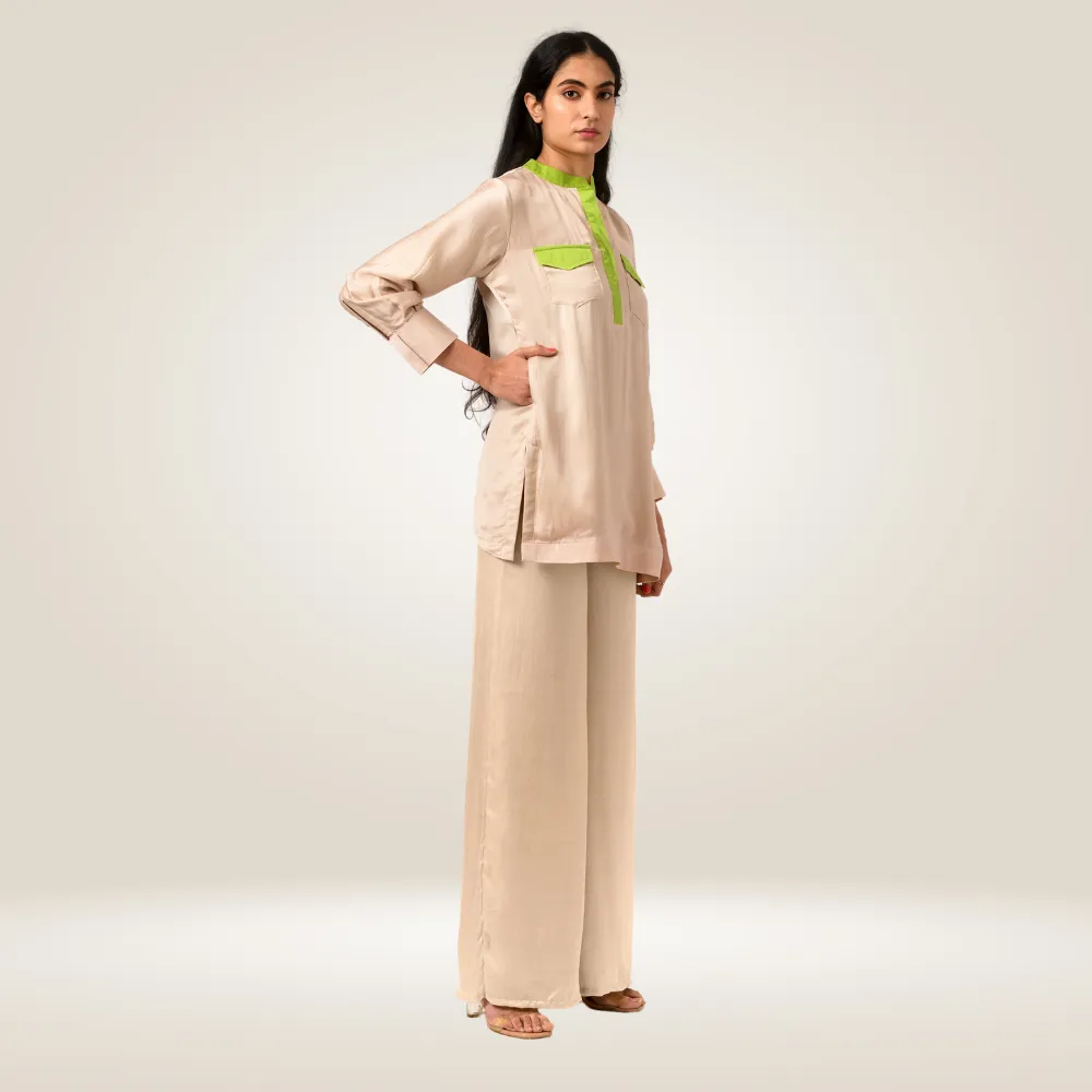 Ecru-Green Full Co-ord Set | Bemberg Modal Silk | Stylish & Suave