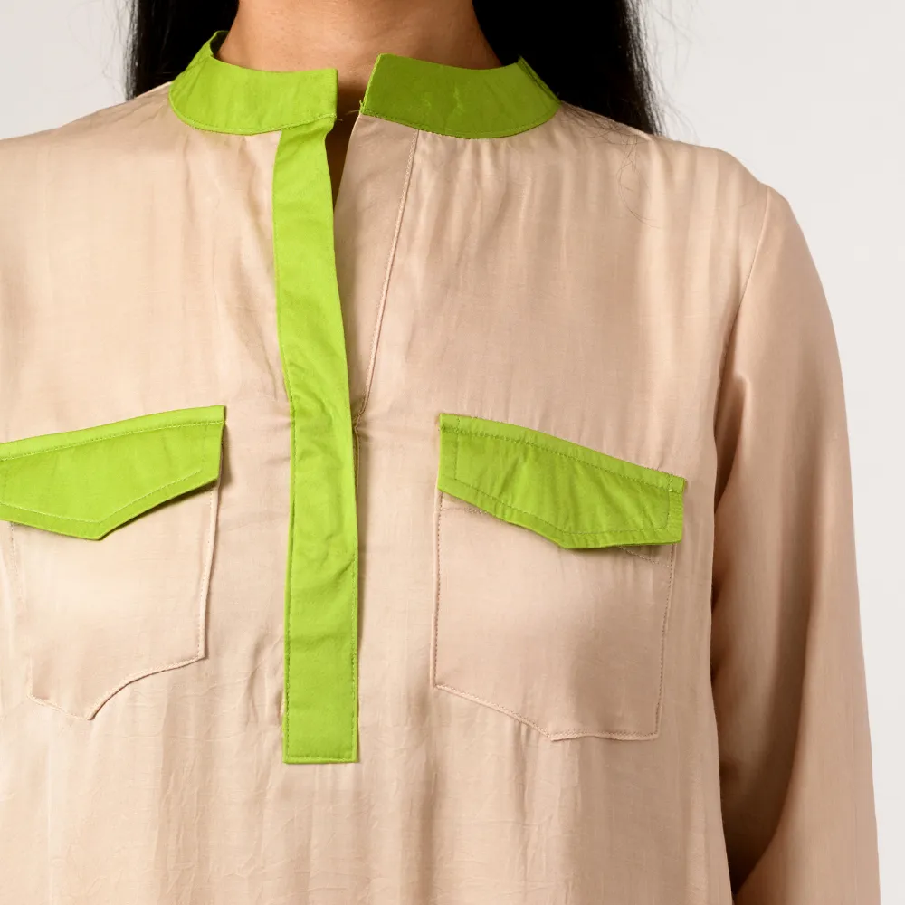 Ecru-Green Full Co-ord Set | Bemberg Modal Silk | Stylish & Suave