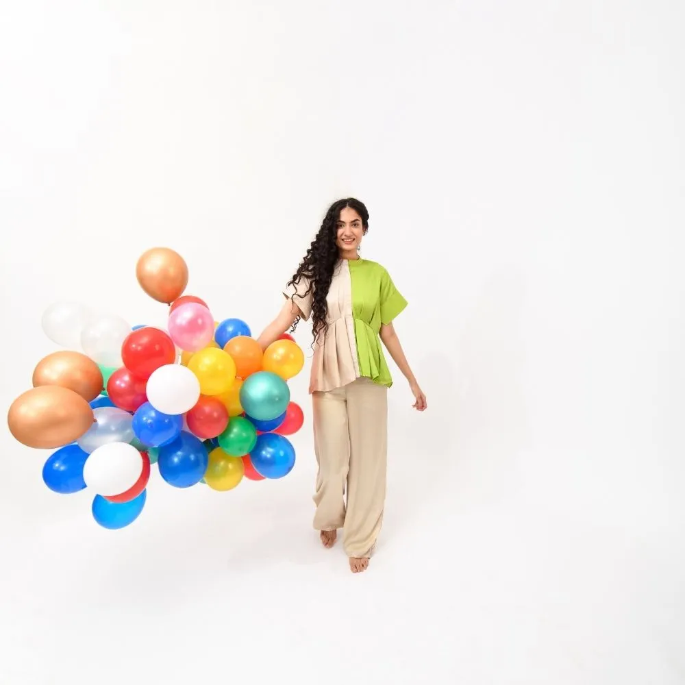 Ecru-Green Half-Half Co-ord Set | Crafted in Bemberg Modal Silk | Boho & Vibrant