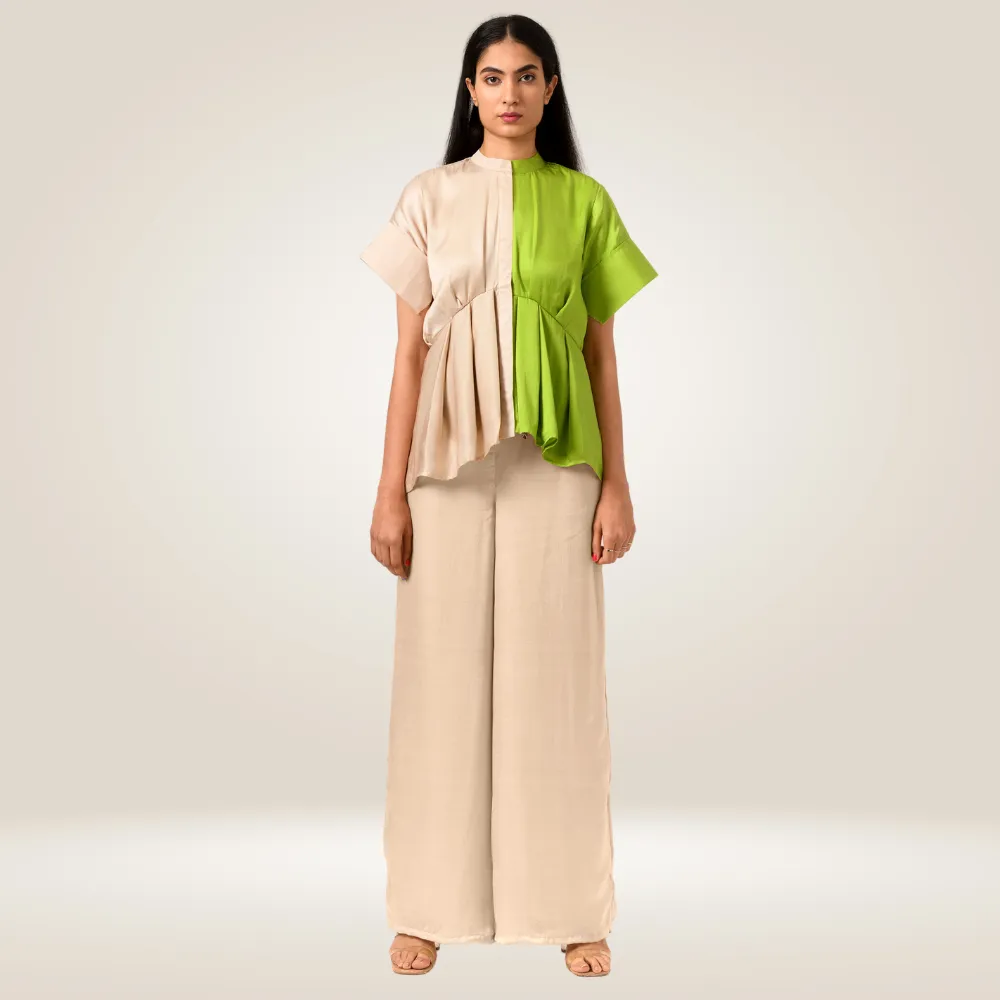 Ecru-Green Half-Half Co-ord Set | Crafted in Bemberg Modal Silk | Boho & Vibrant