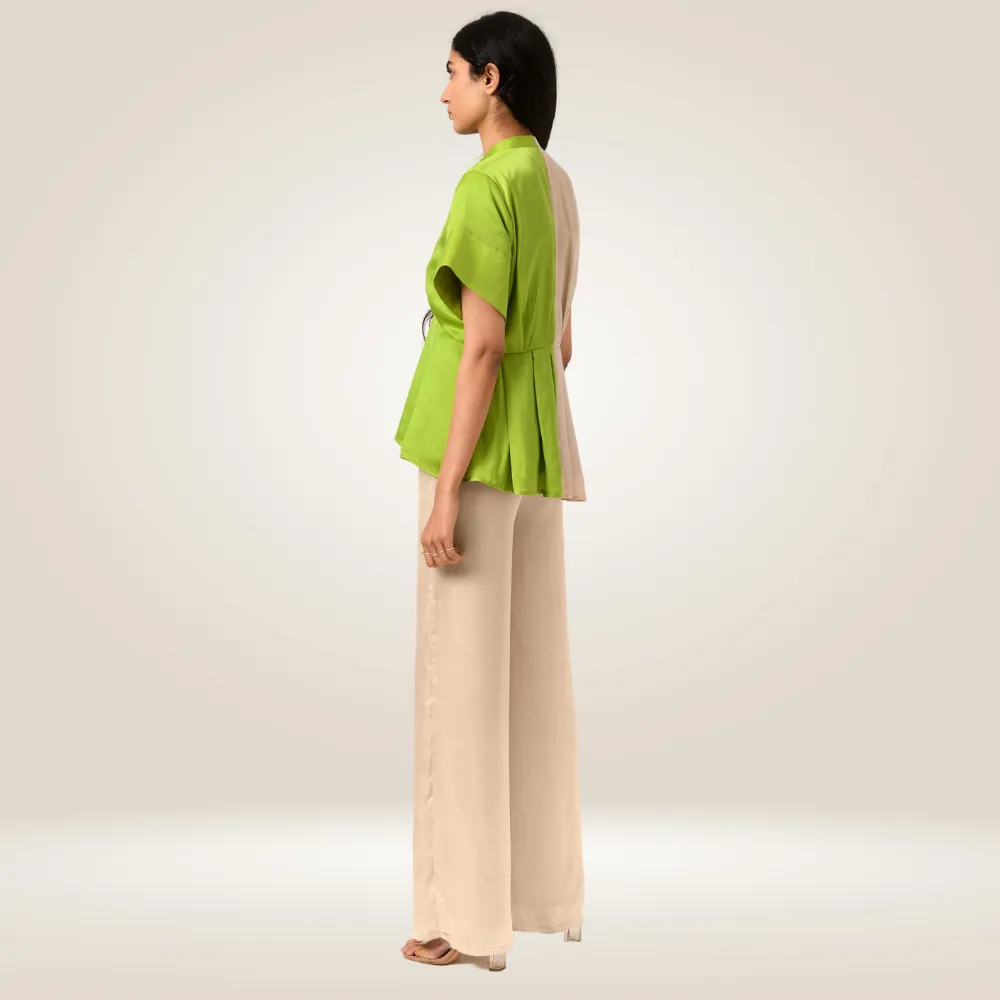 Ecru-Green Half-Half Co-ord Set | Crafted in Bemberg Modal Silk | Boho & Vibrant