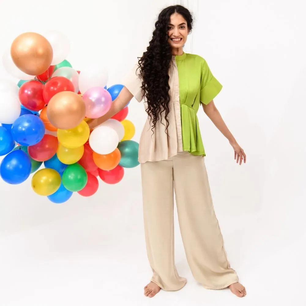 Ecru-Green Half-Half Co-ord Set | Crafted in Bemberg Modal Silk | Boho & Vibrant