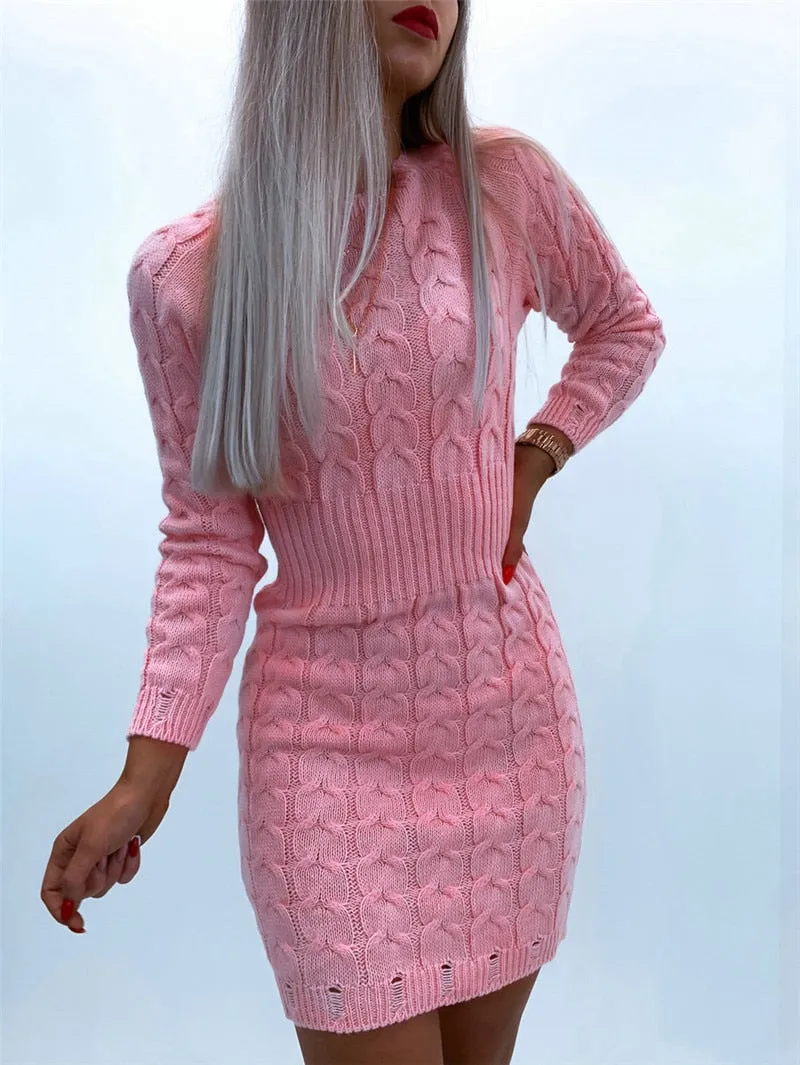 Elegant Women Solid Color Knitted Mini Dress O-Neck Long Sleeve Mid Waist Autumn Winter Slim Pullovers Pencil Dress