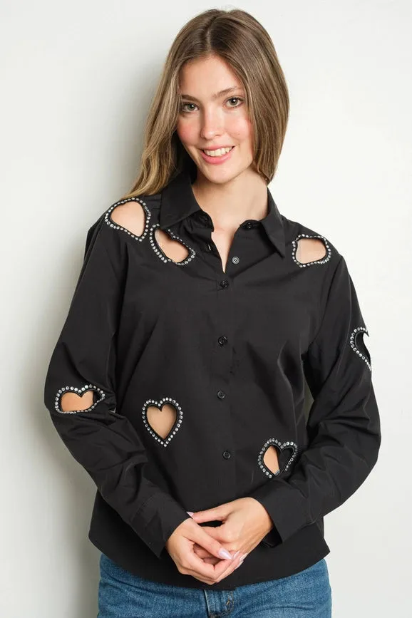 Embellished Heart Cut Out Long Sleeve Blouse Black