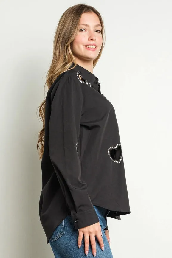 Embellished Heart Cut Out Long Sleeve Blouse Black