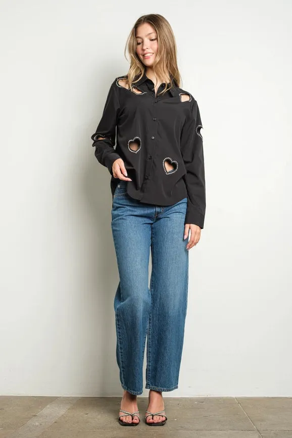 Embellished Heart Cut Out Long Sleeve Blouse Black