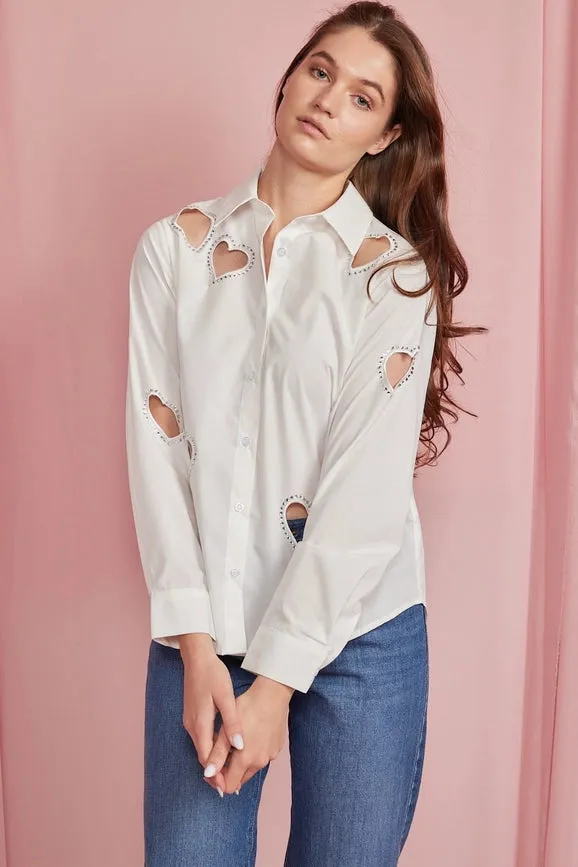 Embellished Heart Cut Out Long Sleeve Blouse White