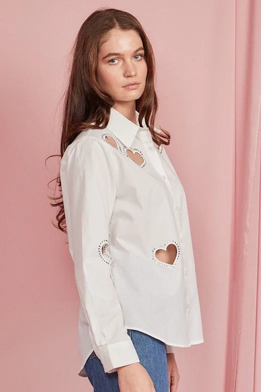 Embellished Heart Cut Out Long Sleeve Blouse White