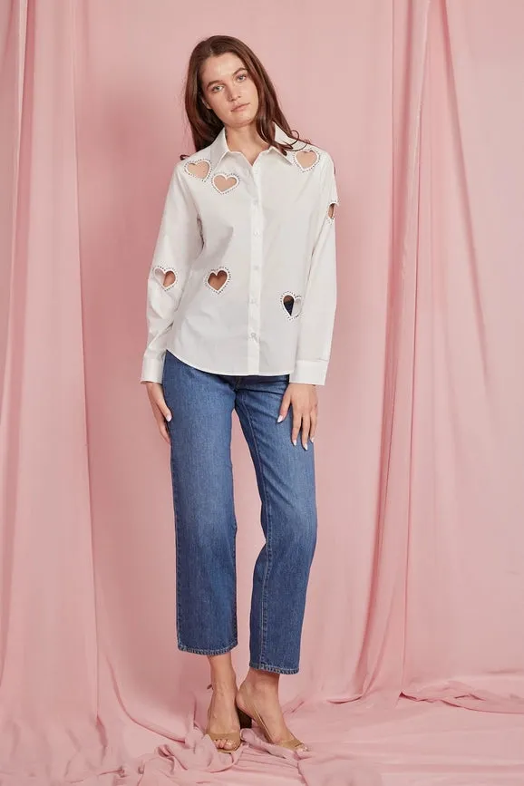 Embellished Heart Cut Out Long Sleeve Blouse White