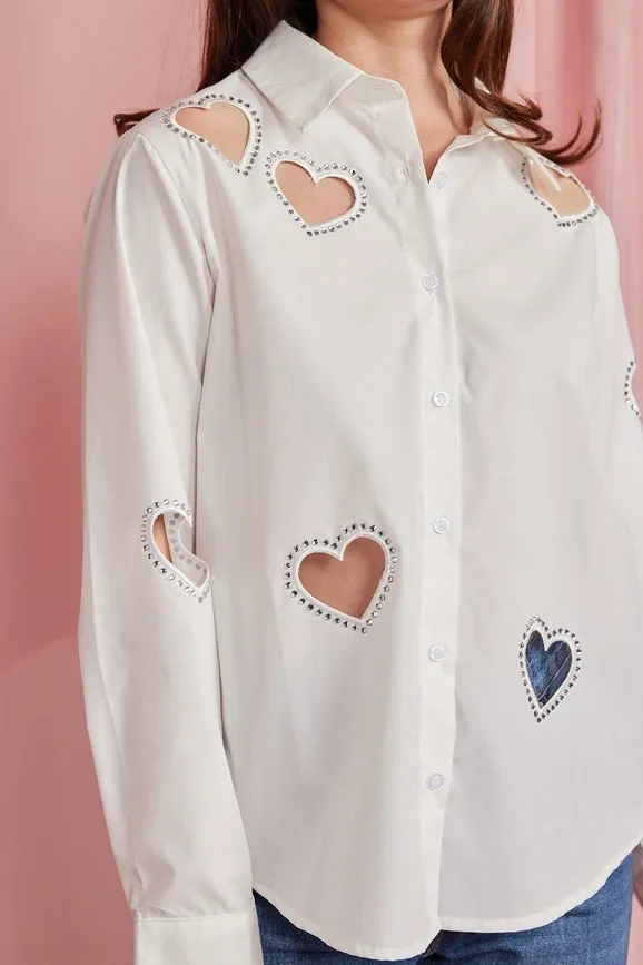 Embellished Heart Cut Out Long Sleeve Blouse White