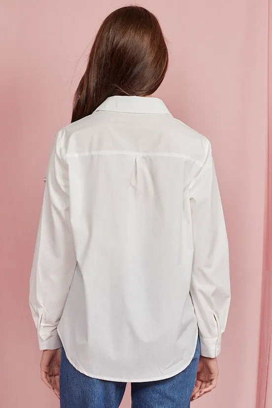 Embellished Heart Cut Out Long Sleeve Blouse White