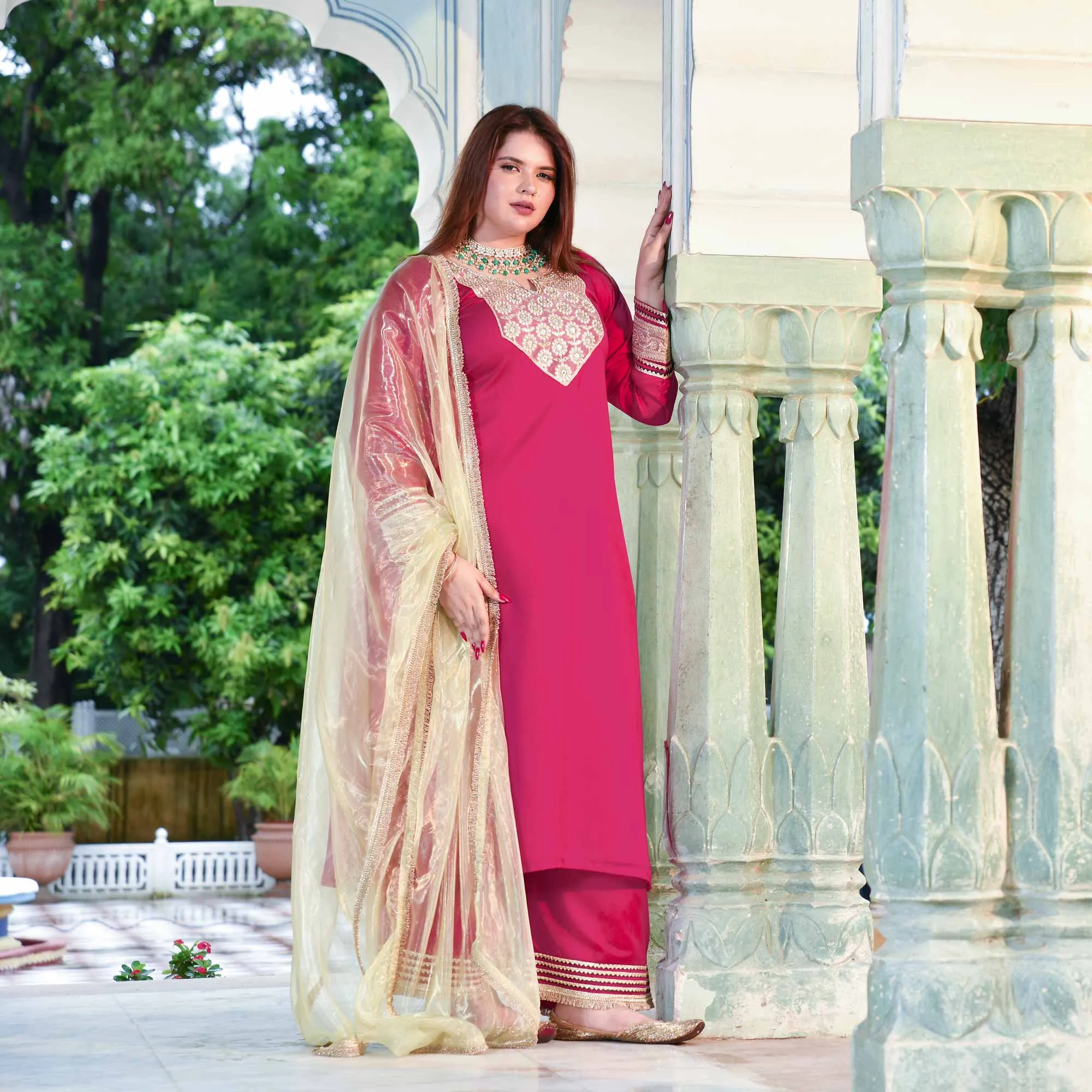 Gulabi Noor- Rani Pink Silk Chiffon Embroidered Suit Set