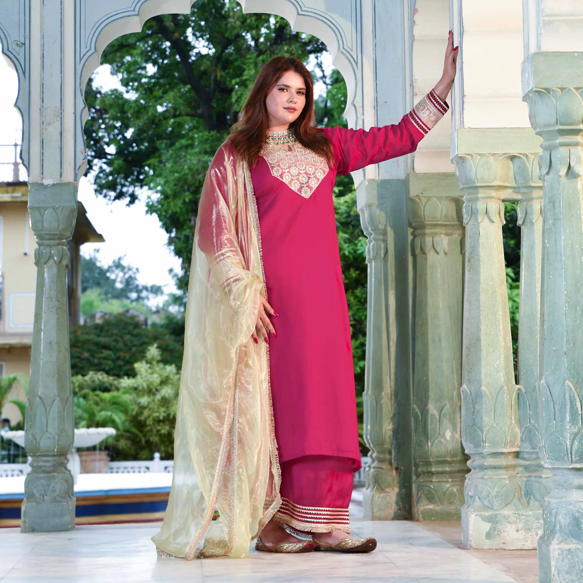 Gulabi Noor- Rani Pink Silk Chiffon Embroidered Suit Set