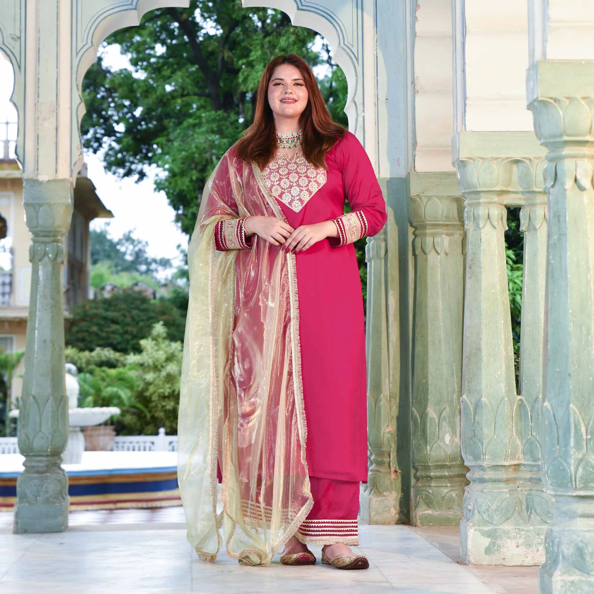 Gulabi Noor- Rani Pink Silk Chiffon Embroidered Suit Set