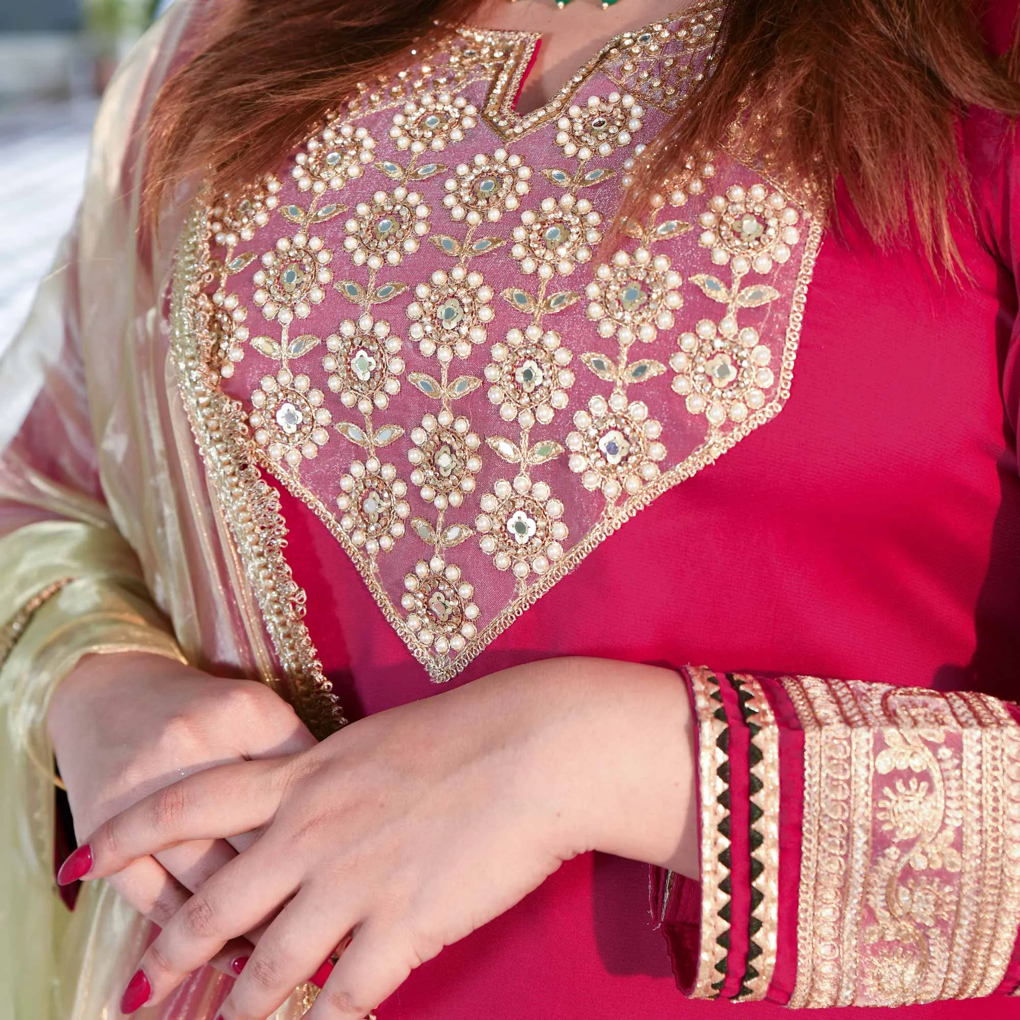 Gulabi Noor- Rani Pink Silk Chiffon Embroidered Suit Set