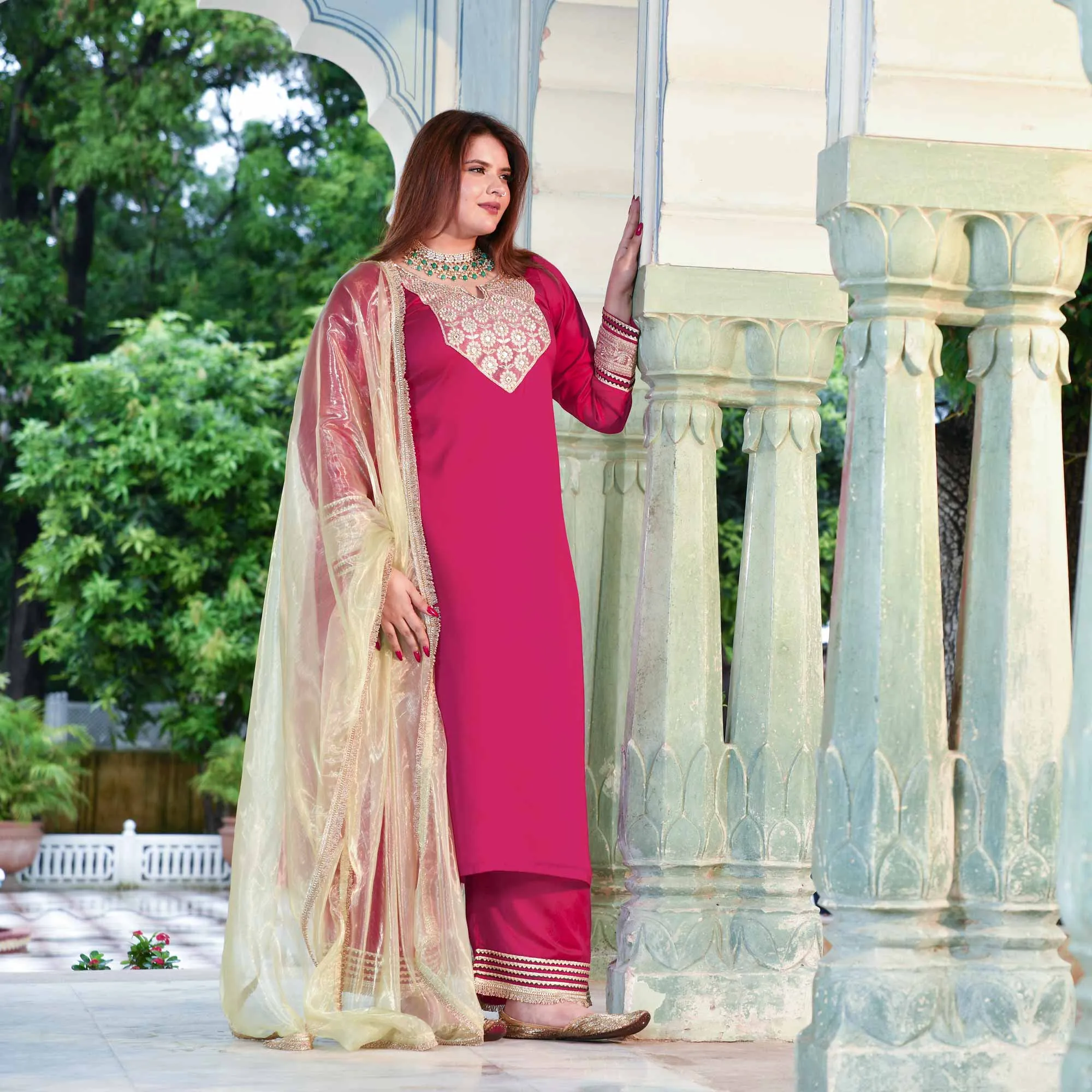 Gulabi Noor- Rani Pink Silk Chiffon Embroidered Suit Set