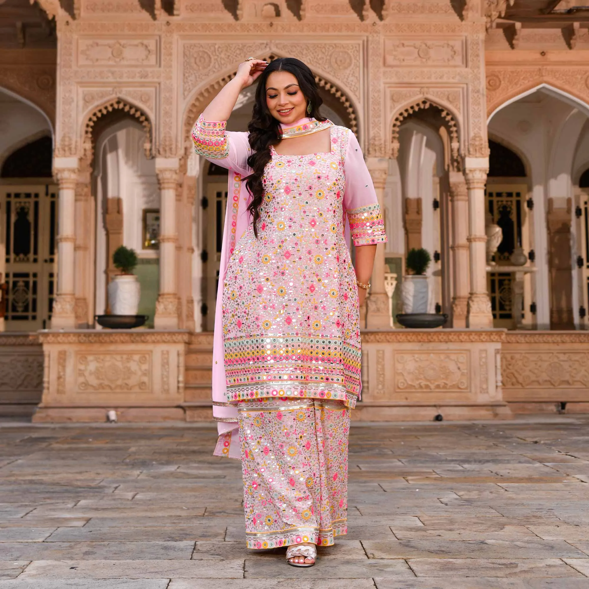 Jewel On Pink Georgette Mirror Embroidered Suit Set