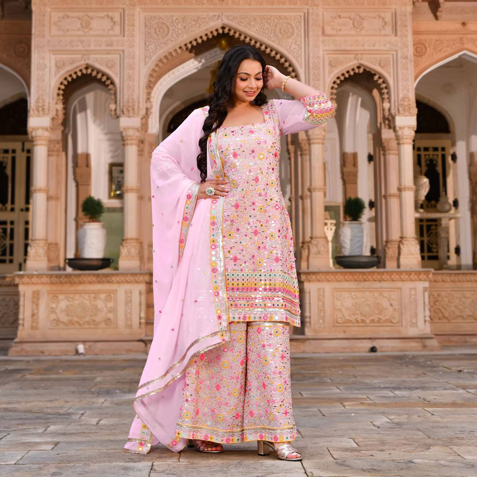 Jewel On Pink Georgette Mirror Embroidered Suit Set