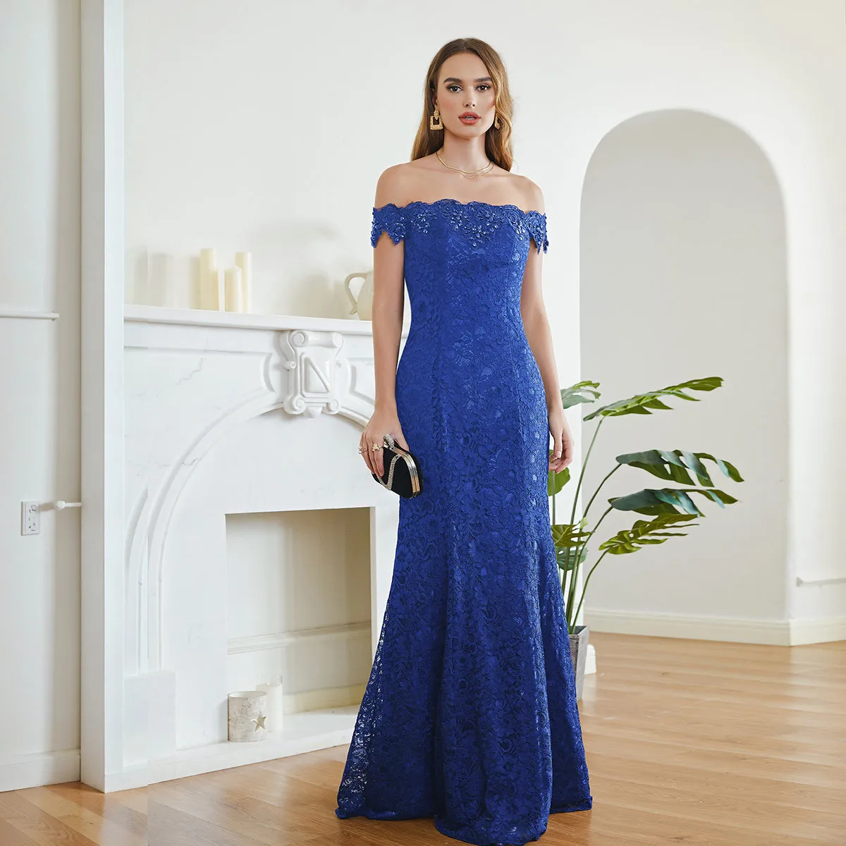 Long Off the Shoulder Lace Floor Length Mermaid Evening Dresses
