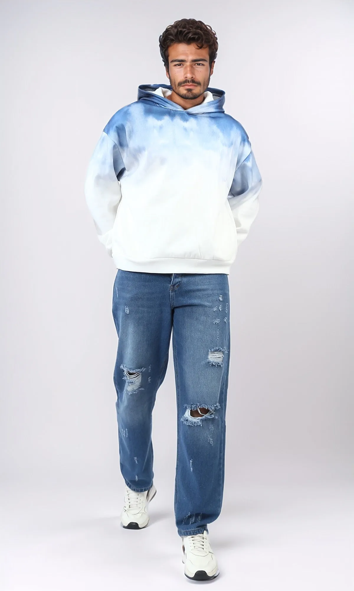 o197326 - Tie Dye Slip On Comfy Winter Hoodie - Blue & White