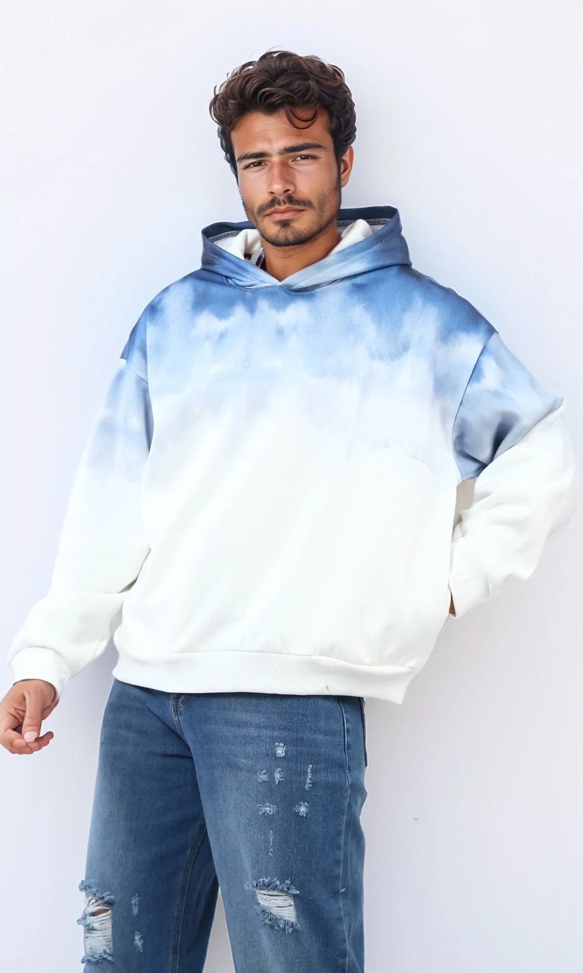 o197326 - Tie Dye Slip On Comfy Winter Hoodie - Blue & White