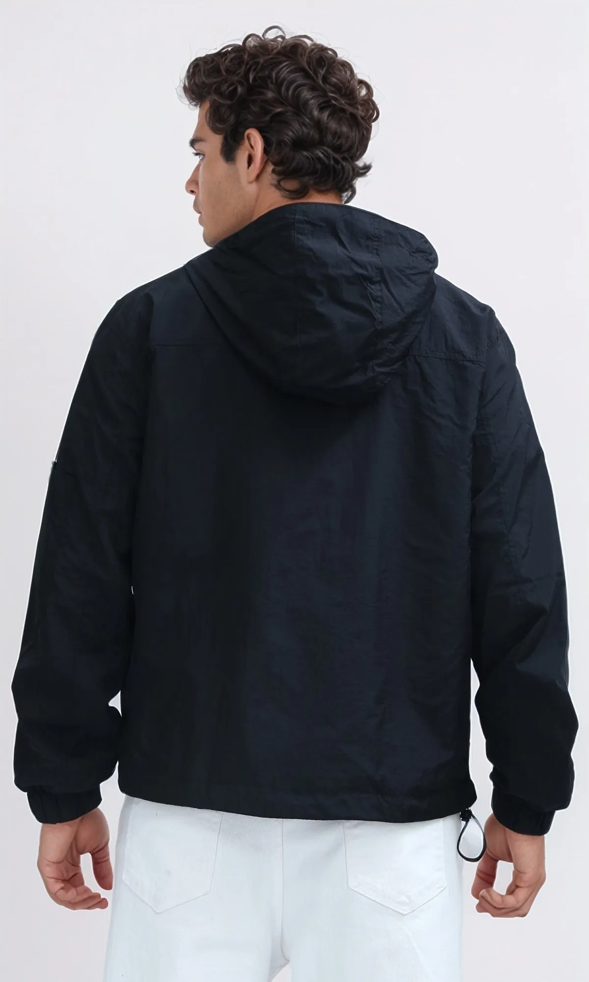 O197937 - Regular Fit Full Zip Hooded Black Windbreaker Jacket