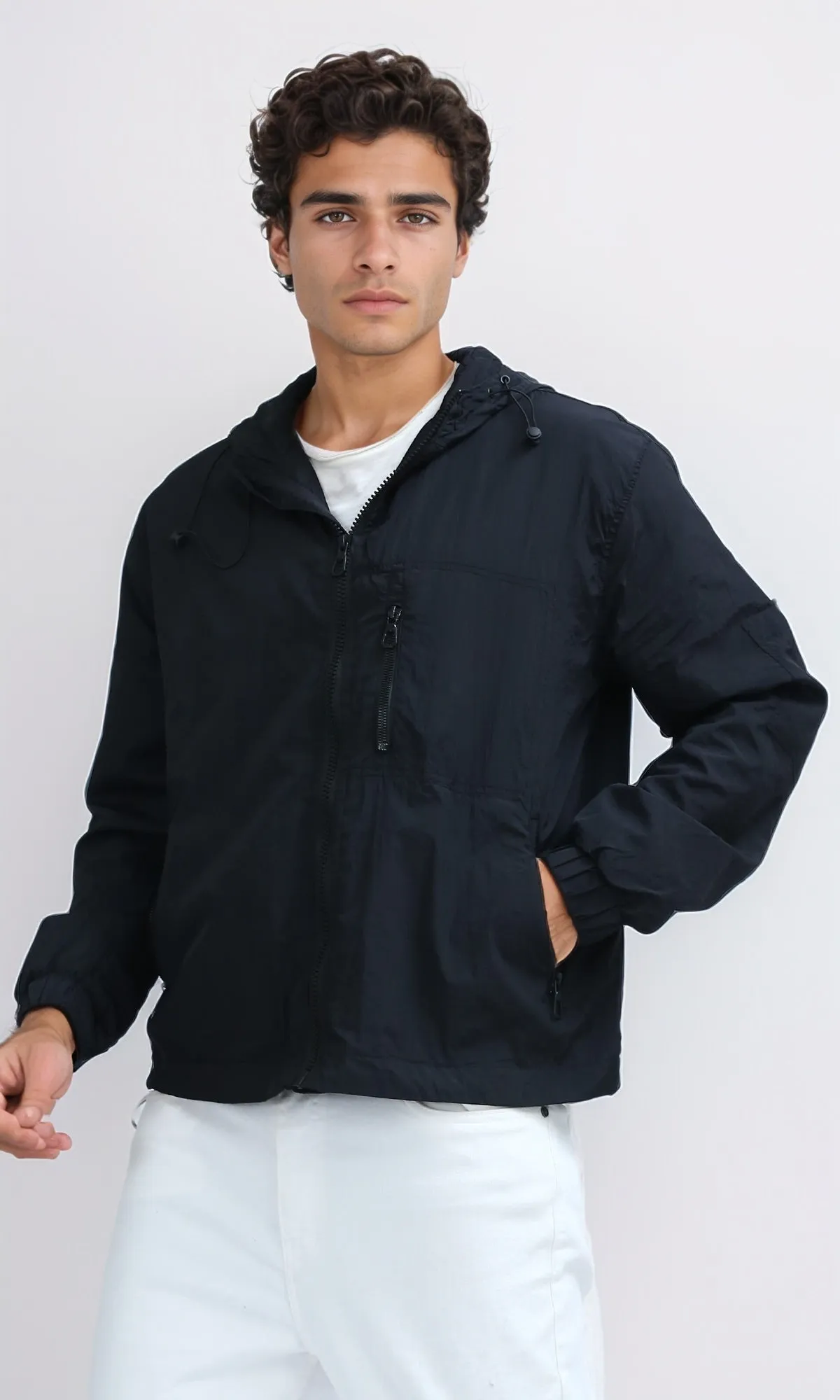 O197937 - Regular Fit Full Zip Hooded Black Windbreaker Jacket