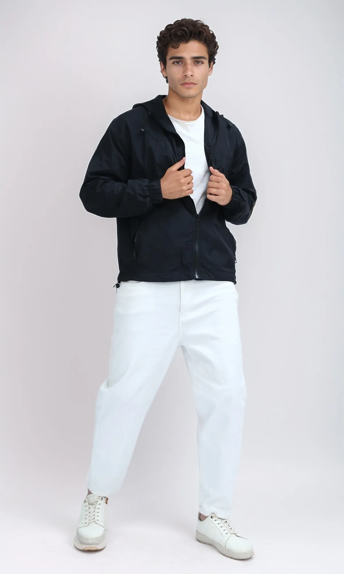 O197937 - Regular Fit Full Zip Hooded Black Windbreaker Jacket