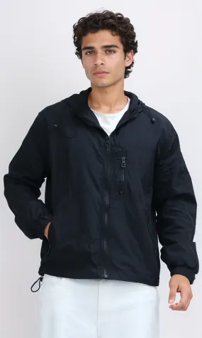 O197937 - Regular Fit Full Zip Hooded Black Windbreaker Jacket