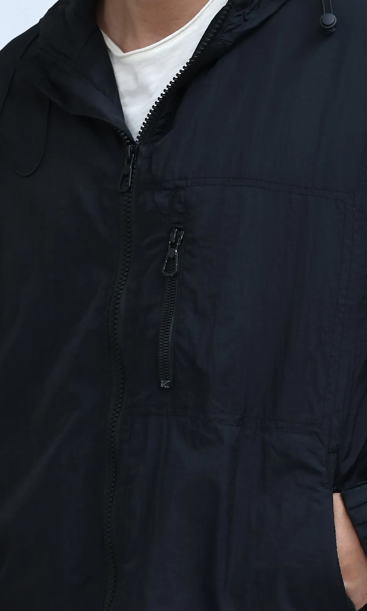 O197937 - Regular Fit Full Zip Hooded Black Windbreaker Jacket