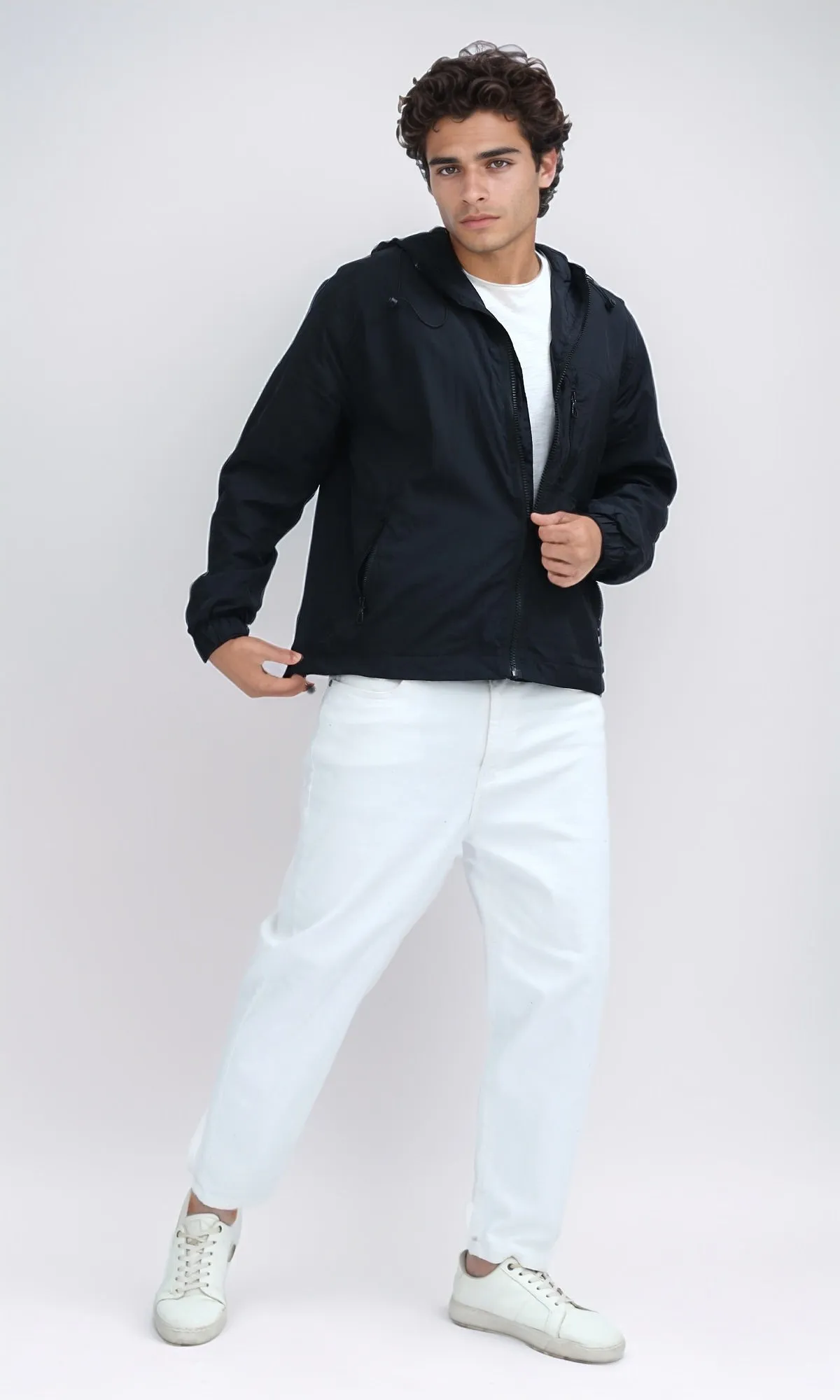 O197937 - Regular Fit Full Zip Hooded Black Windbreaker Jacket